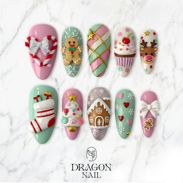 Pastel Christmas Nails, Candyland Press-On Set, Cute Gingerbread &amp; Reindeer Design