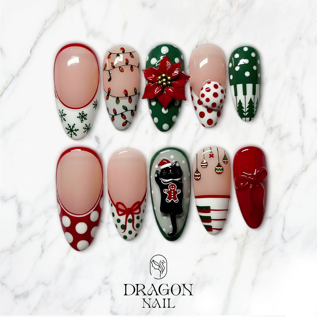 Classic Christmas Nails, Red Green Press-On Set, Poinsettia &amp; Cat Design