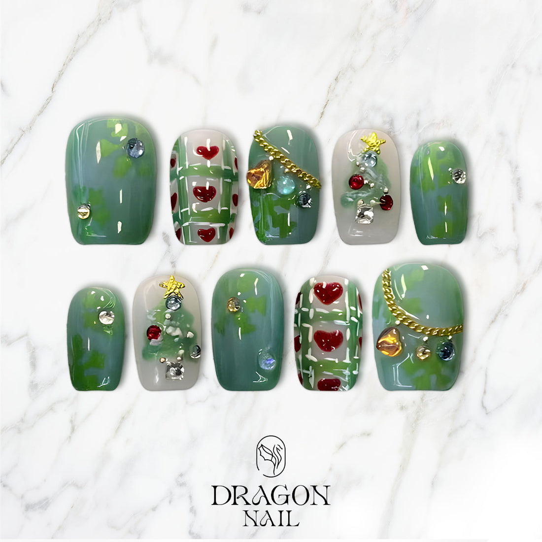 Emerald Green Christmas Nails, Plaid Press-On Set, Heart &amp; Tree Design