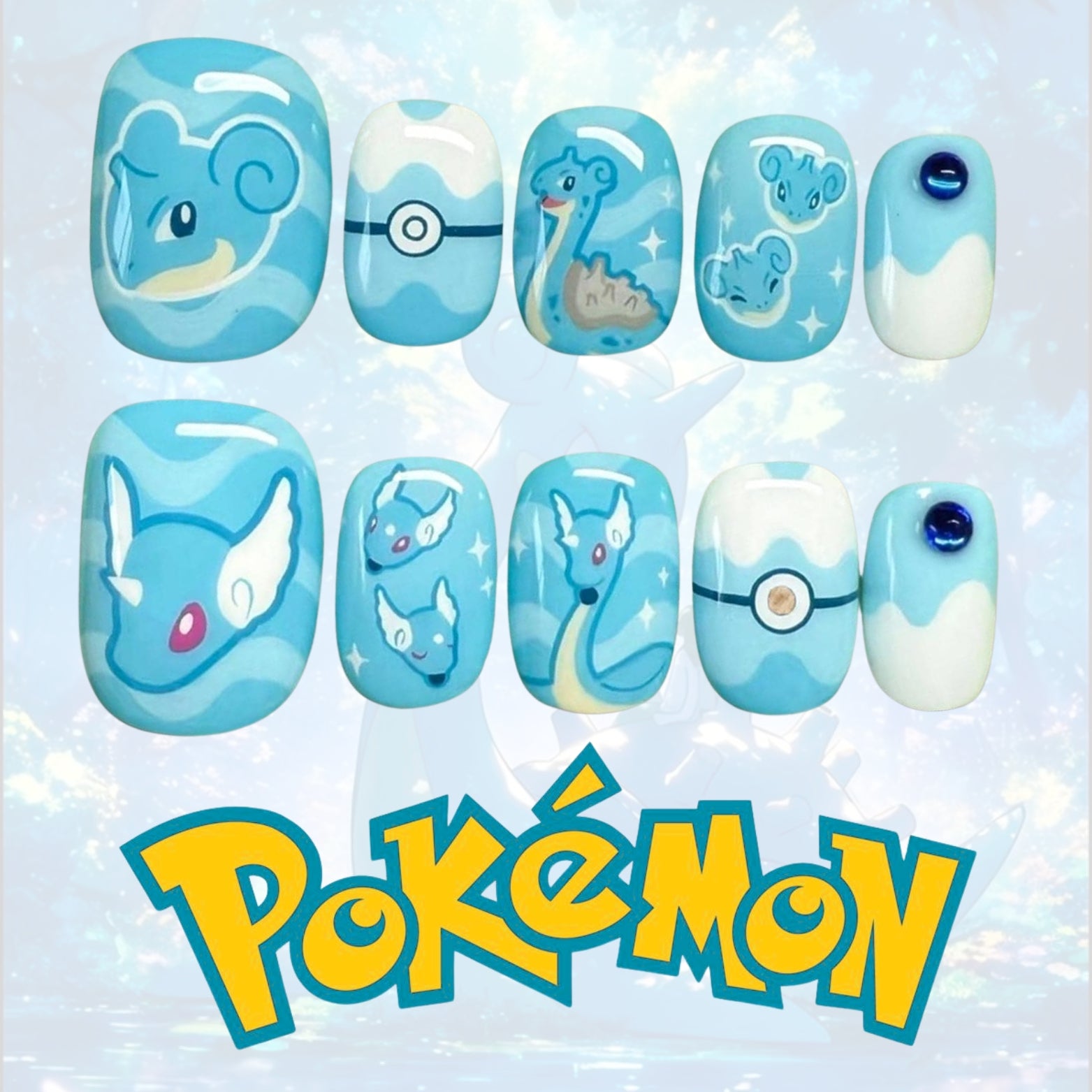 Pokémon Water Nails – Lapras &amp; Dratini Press-On Nail Set, Ocean Blue Anime Design | Dragonnail
