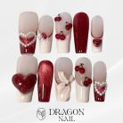 Cherry Heart Press-On Nails, Red and Nude 3D Nail Set with Pearls, Glossy Hearts &amp; Bows — Handmade Romantic Nail Art for Women