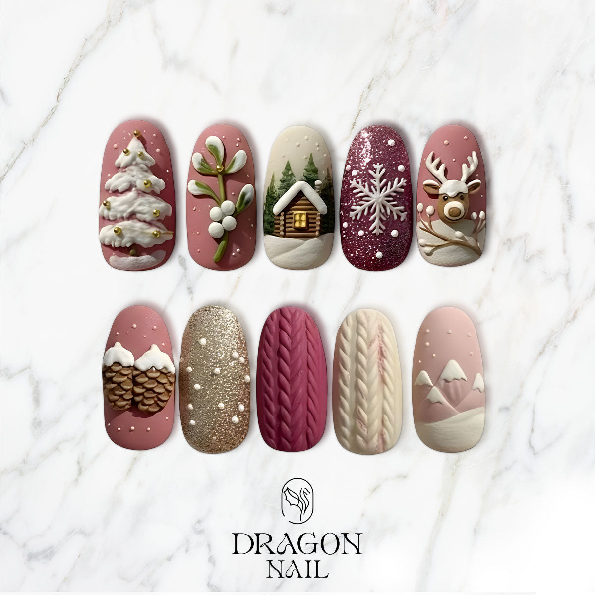 Cozy Winter Cabin Nails, 3D Knitted Christmas Press-On Set, Snow &amp; Reindeer Design