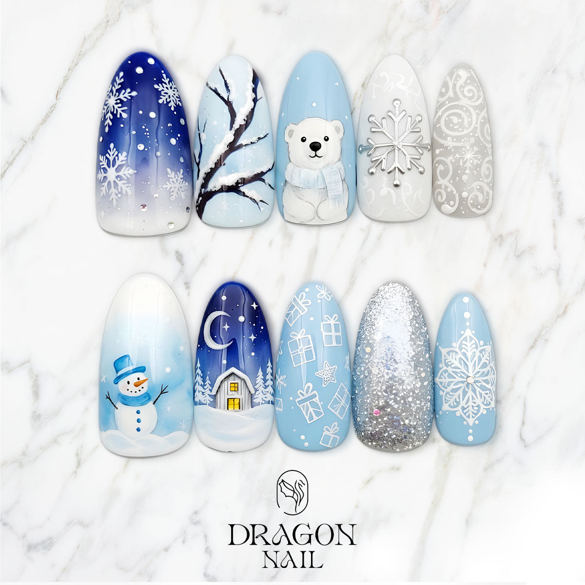 Frosty Wonderland Nails, Blue Silver Christmas Press-On Set, Polar Bear &amp; Snowflake Design