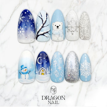 Frosty Wonderland Nails, Blue Silver Christmas Press-On Set, Polar Bear &amp; Snowflake Design