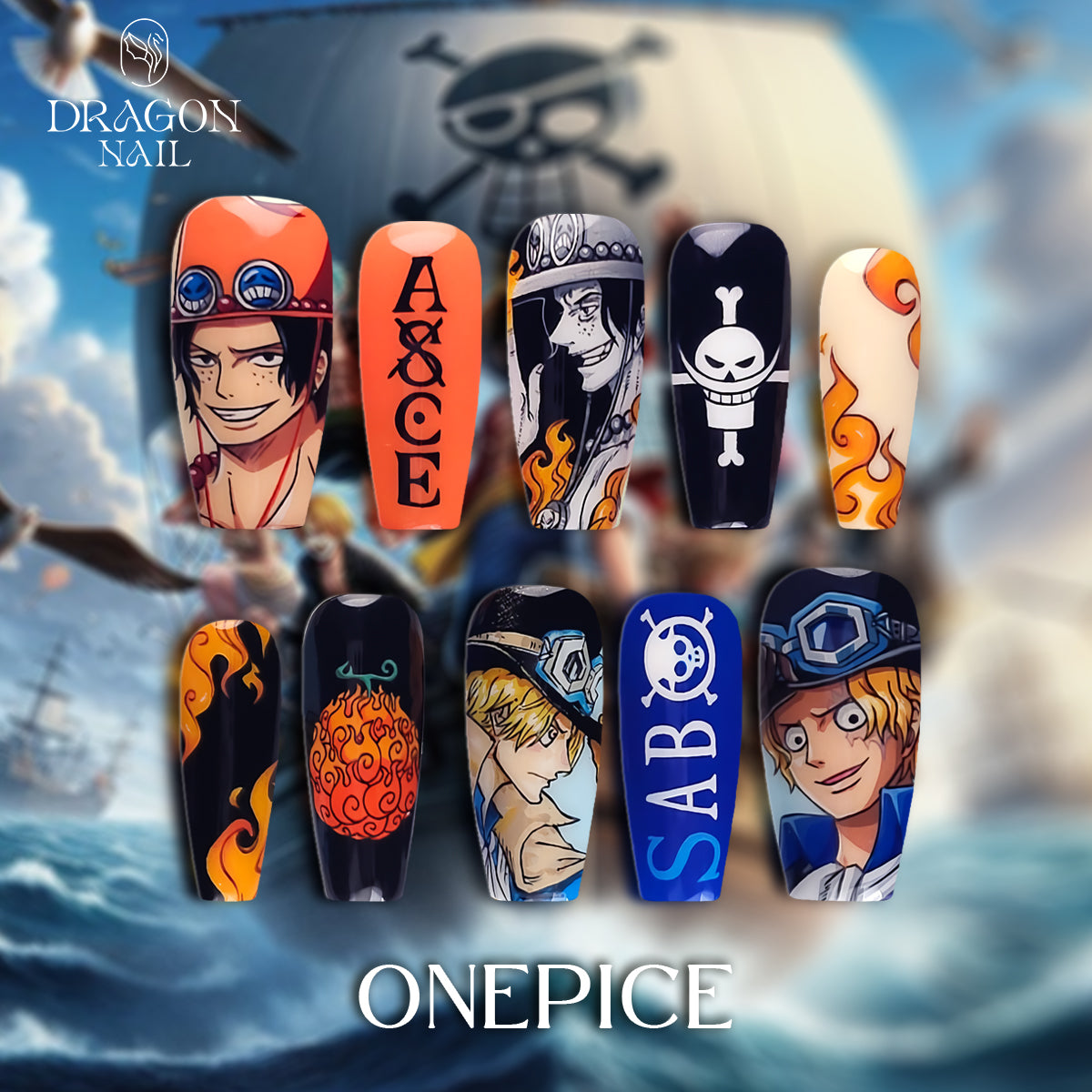 One Piece Nails – Ace &amp; Sabo Press-On Nail Set, Fire Fist Brothers Anime Design | Dragonnail