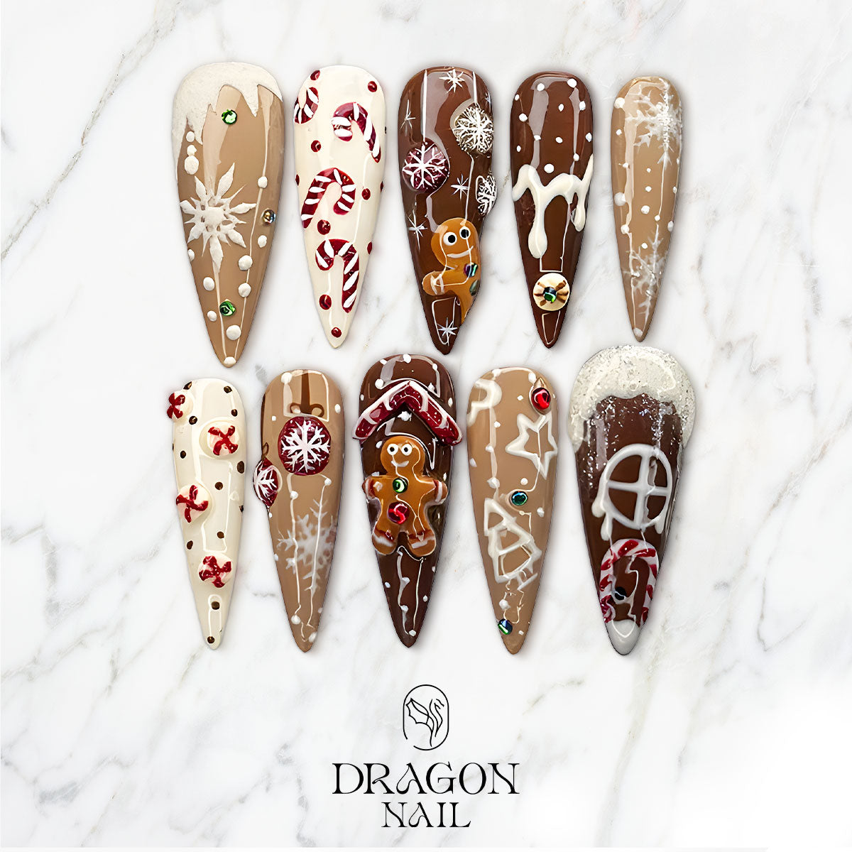 Gingerbread House Nails, Brown Christmas Press-On Set, Candy Cane &amp; Snowflake Design