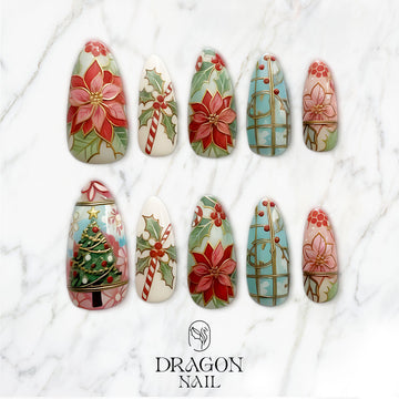 Vintage Christmas Nails, Poinsettia &amp; Holly Press-On Set, Classic Holiday Design