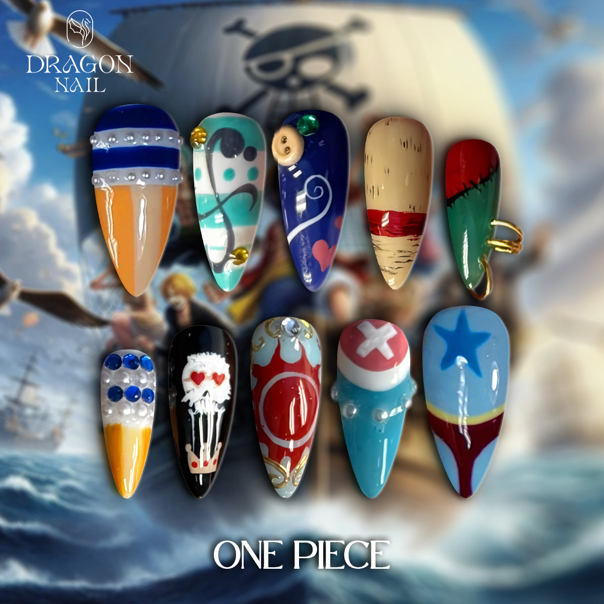 One Piece Nails – Straw Hat Crew Symbol Press-On Nail Set, Pirate Adventure Anime Design | Dragonnail