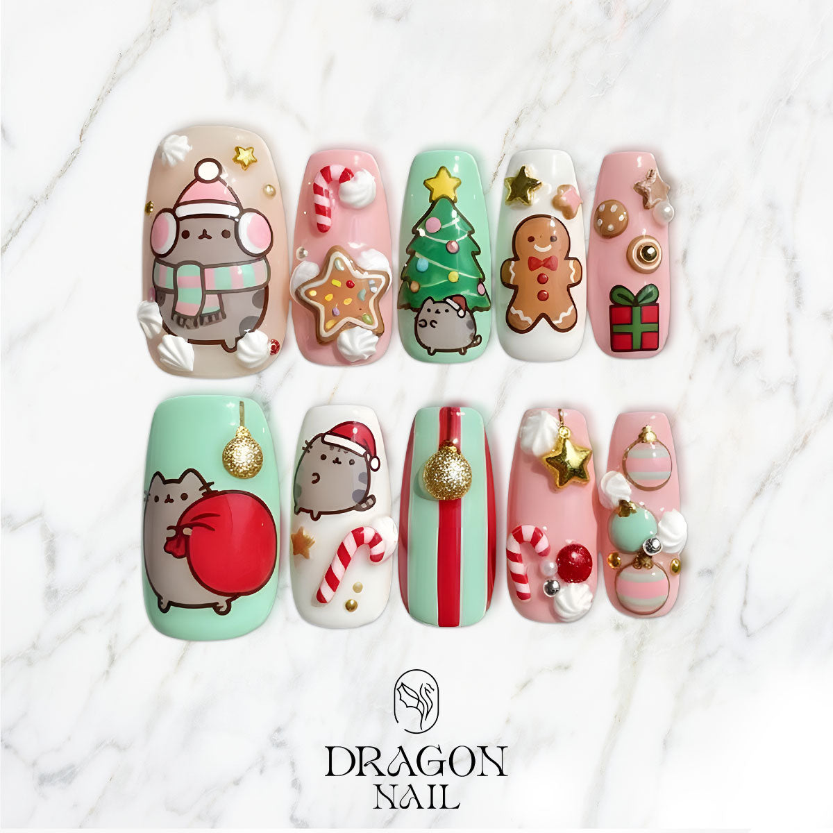 Pusheen Christmas Nails, Cute Pastel Holiday Press-On Set, Kawaii Candy Cane Design