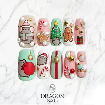 Pusheen Christmas Nails, Cute Pastel Holiday Press-On Set, Kawaii Candy Cane Design