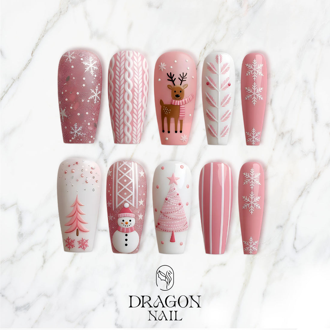 Pink Christmas Nails, Cute Winter Press-On Set, Snowflake &amp; Reindeer Design