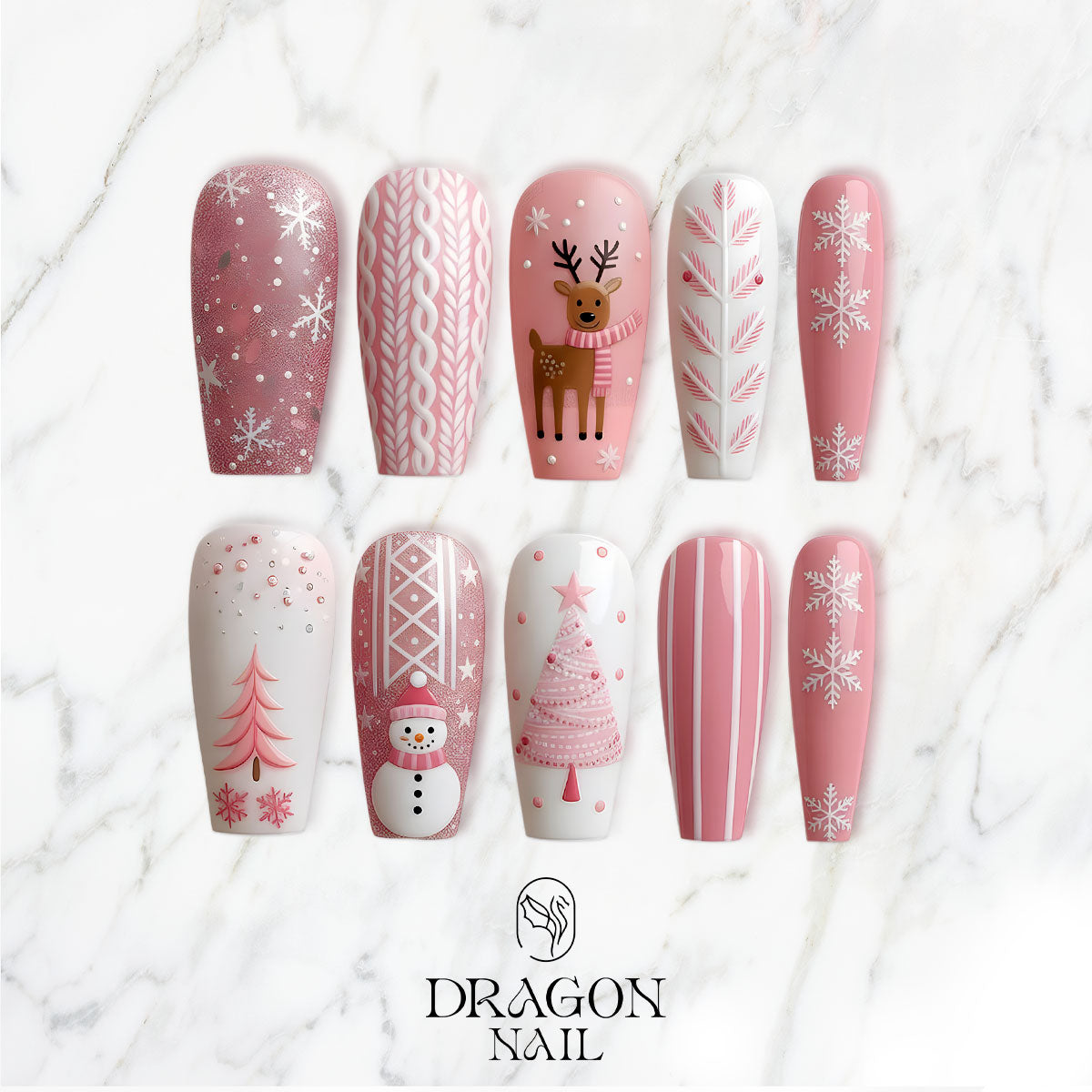 Pink Christmas Nails, Cute Winter Press-On Set, Snowflake &amp; Reindeer Design