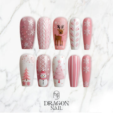 Pink Christmas Nails, Cute Winter Press-On Set, Snowflake &amp; Reindeer Design