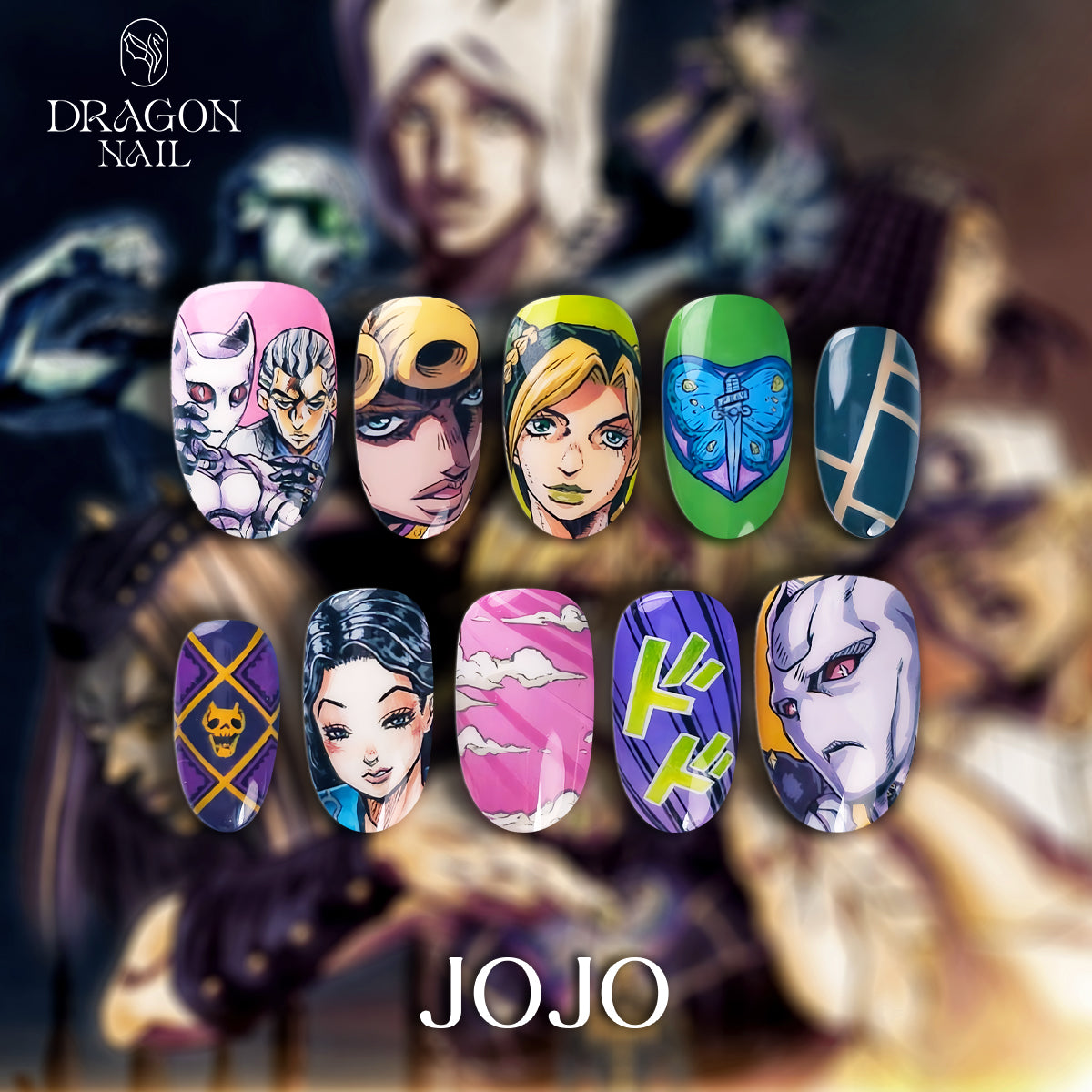 JoJo’s Bizarre Adventure Nails – Giorno, Jolyne &amp; Killer Queen Press-On Nail Set, Colorful Anime Art | Dragonnail