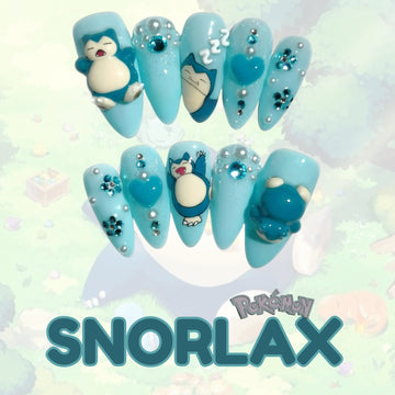 Pokémon Snorlax Nails – 3D Blue Press-On Nail Set, Cute Sleeping Anime Design | Dragonnail
