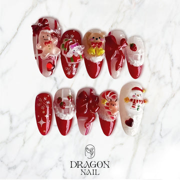 3D Red Christmas Nails, Cute Candy Press-On Set, Bear &amp; Gingerbread Design