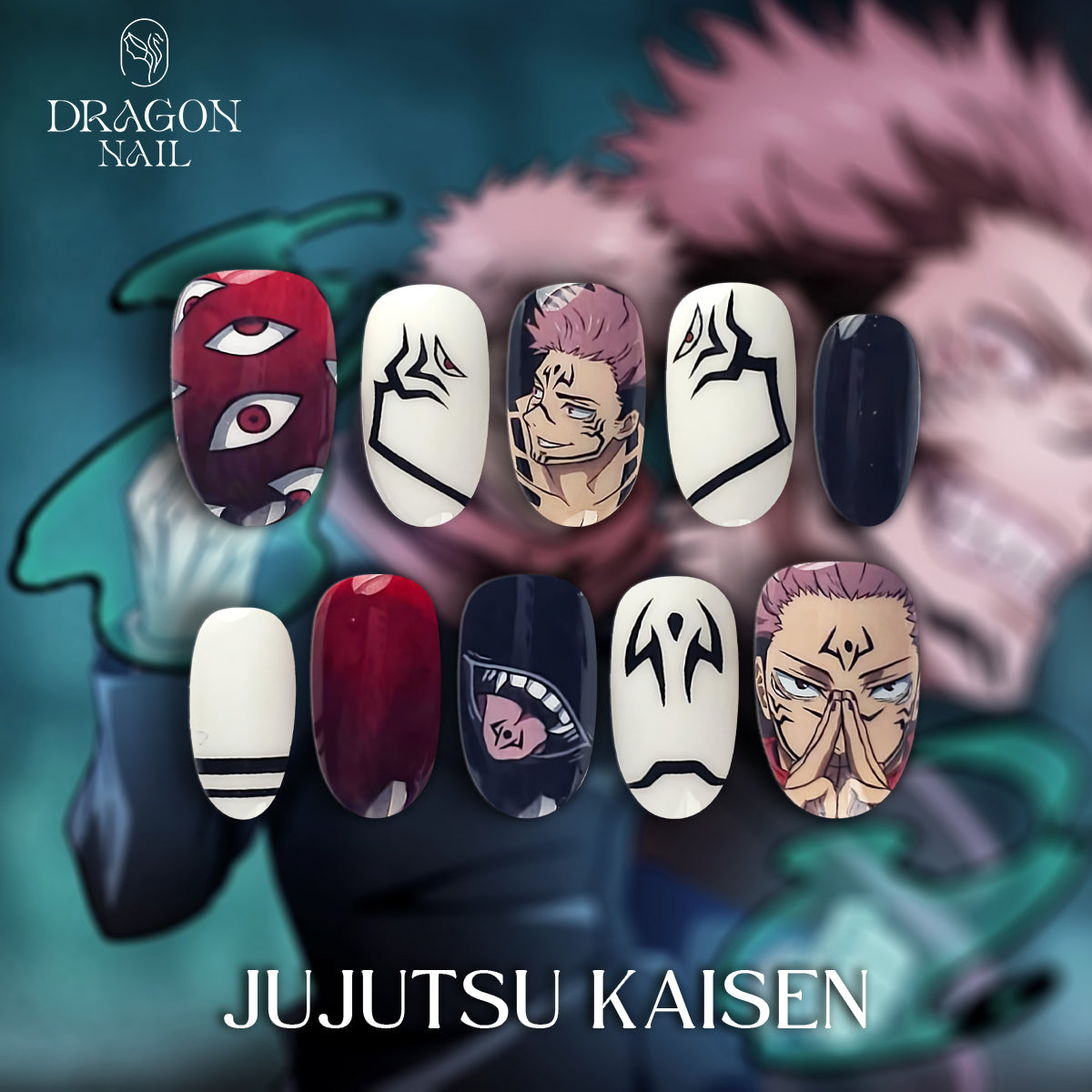 Jujutsu Kaisen Nails – Ryomen Sukuna Press-On Nail Set, Red &amp; Black Cursed Anime Design | Dragonnail