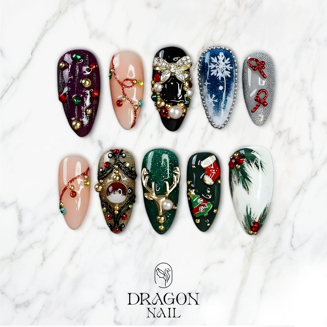 Luxury Christmas Nails, Emerald Green Press-On Set, Reindeer &amp; Snowflake Design