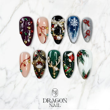 Luxury Christmas Nails, Emerald Green Press-On Set, Reindeer &amp; Snowflake Design