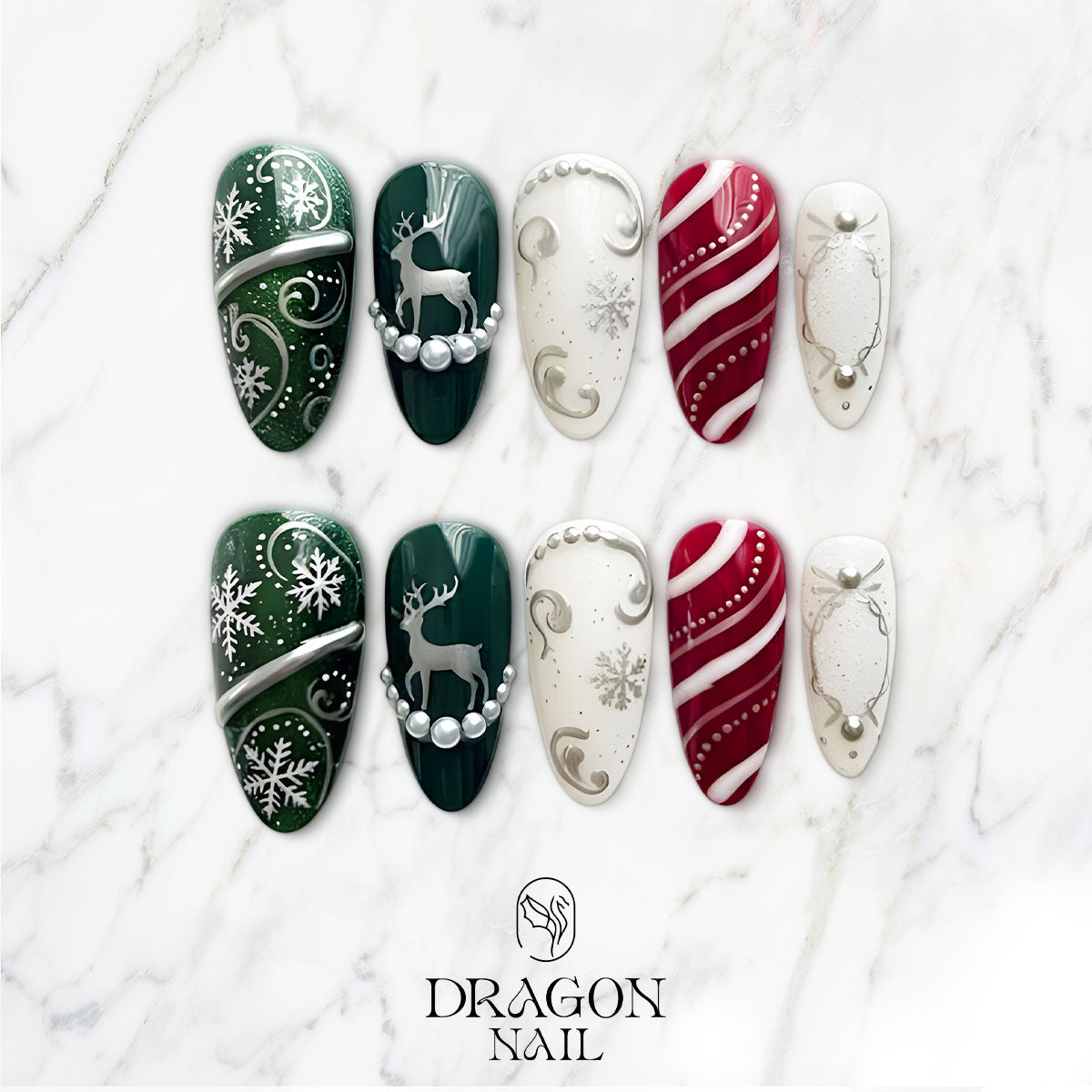 Reindeer Christmas Nails, Green &amp; Red Press-On Set, Snowflake Candy Cane Design