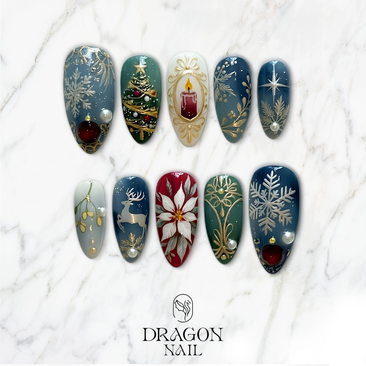 Vintage Christmas Nails, Elegant Press-On Set, Candle &amp; Reindeer Design