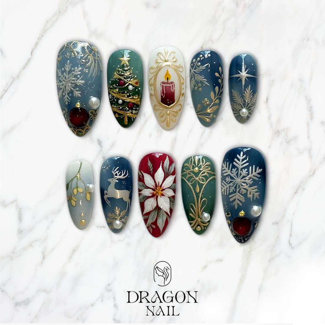 Vintage Christmas Nails, Elegant Press-On Set, Candle &amp; Reindeer Design