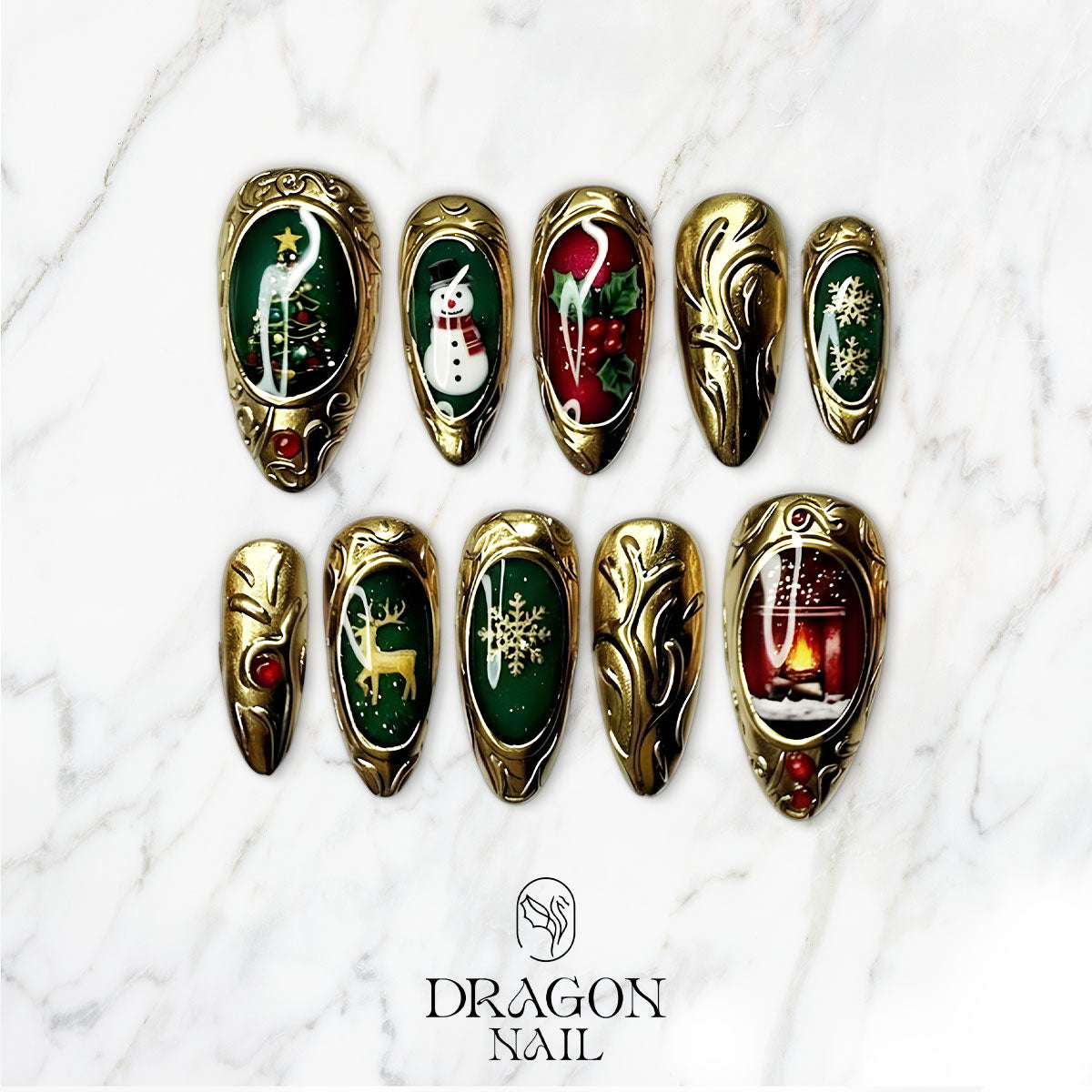 Victorian Christmas Nails, Gold Frame Press-On Set, Luxury Holiday Design