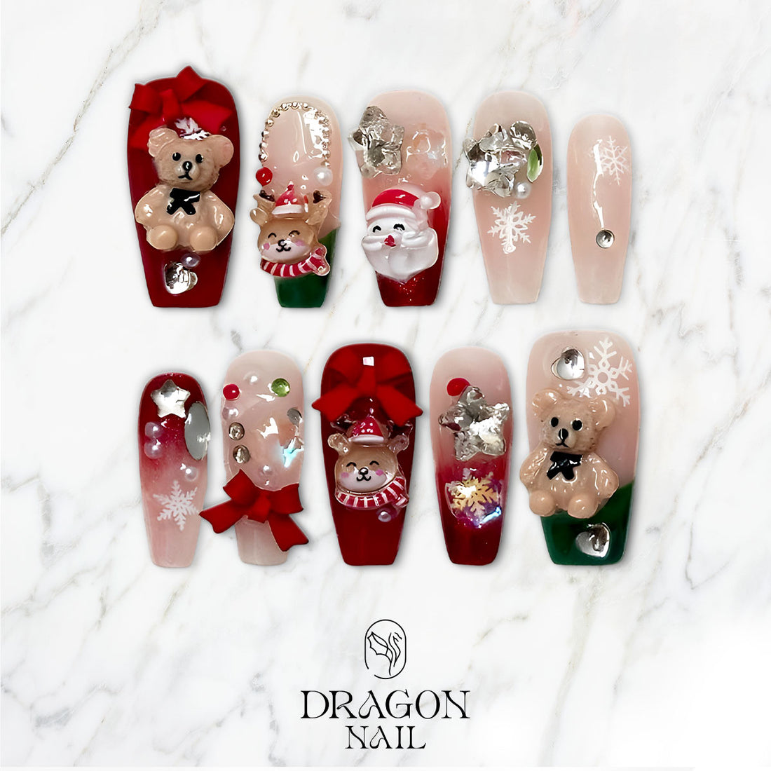 Cute Teddy Christmas Nails, 3D Bear &amp; Santa Press-On Set, Kawaii Holiday Design