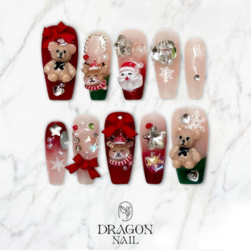 Cute Teddy Christmas Nails, 3D Bear &amp; Santa Press-On Set, Kawaii Holiday Design