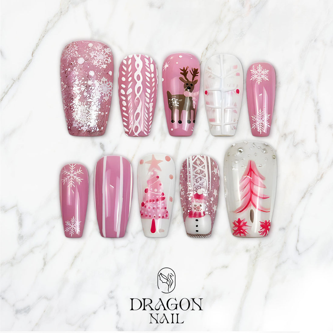 Pink Cozy Christmas Nails, Reindeer &amp; Snowflake Press-On Set, Soft Winter Design