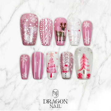 Pink Cozy Christmas Nails, Reindeer &amp; Snowflake Press-On Set, Soft Winter Design