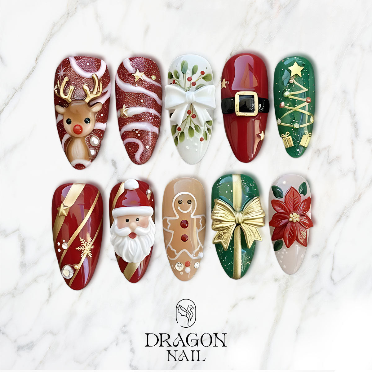 Classic Christmas Nails, 3D Santa &amp; Reindeer Press-On Set, Festive Holiday Design