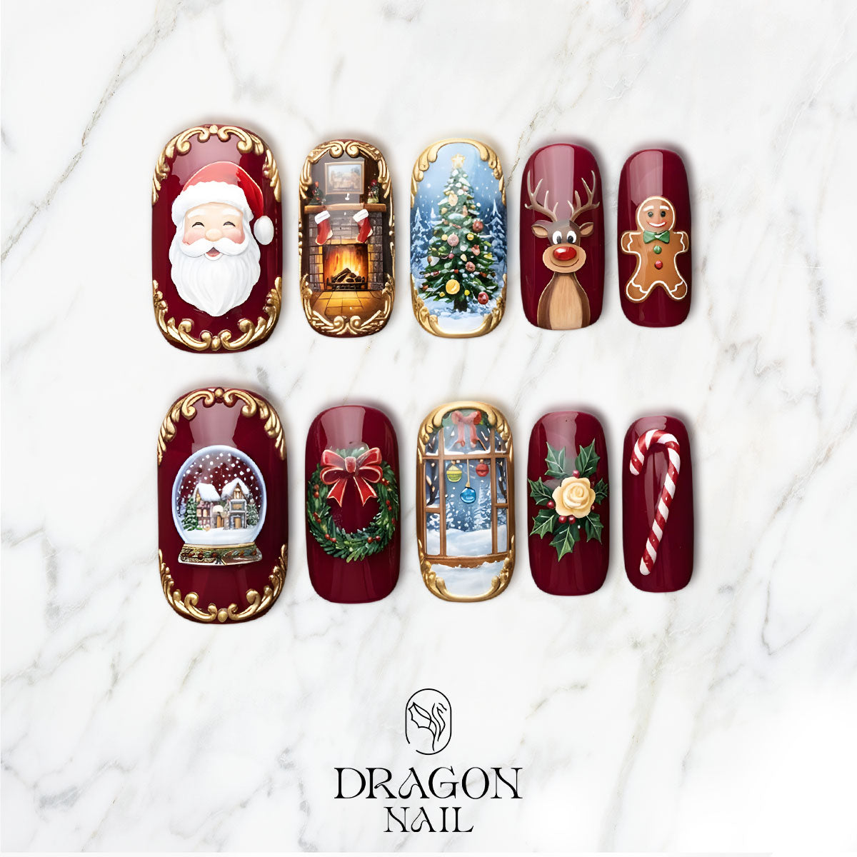 Vintage Christmas Nails, Santa &amp; Fireplace 3D Press-On Set, Elegant Holiday Design