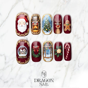 Vintage Christmas Nails, Santa &amp; Fireplace 3D Press-On Set, Elegant Holiday Design