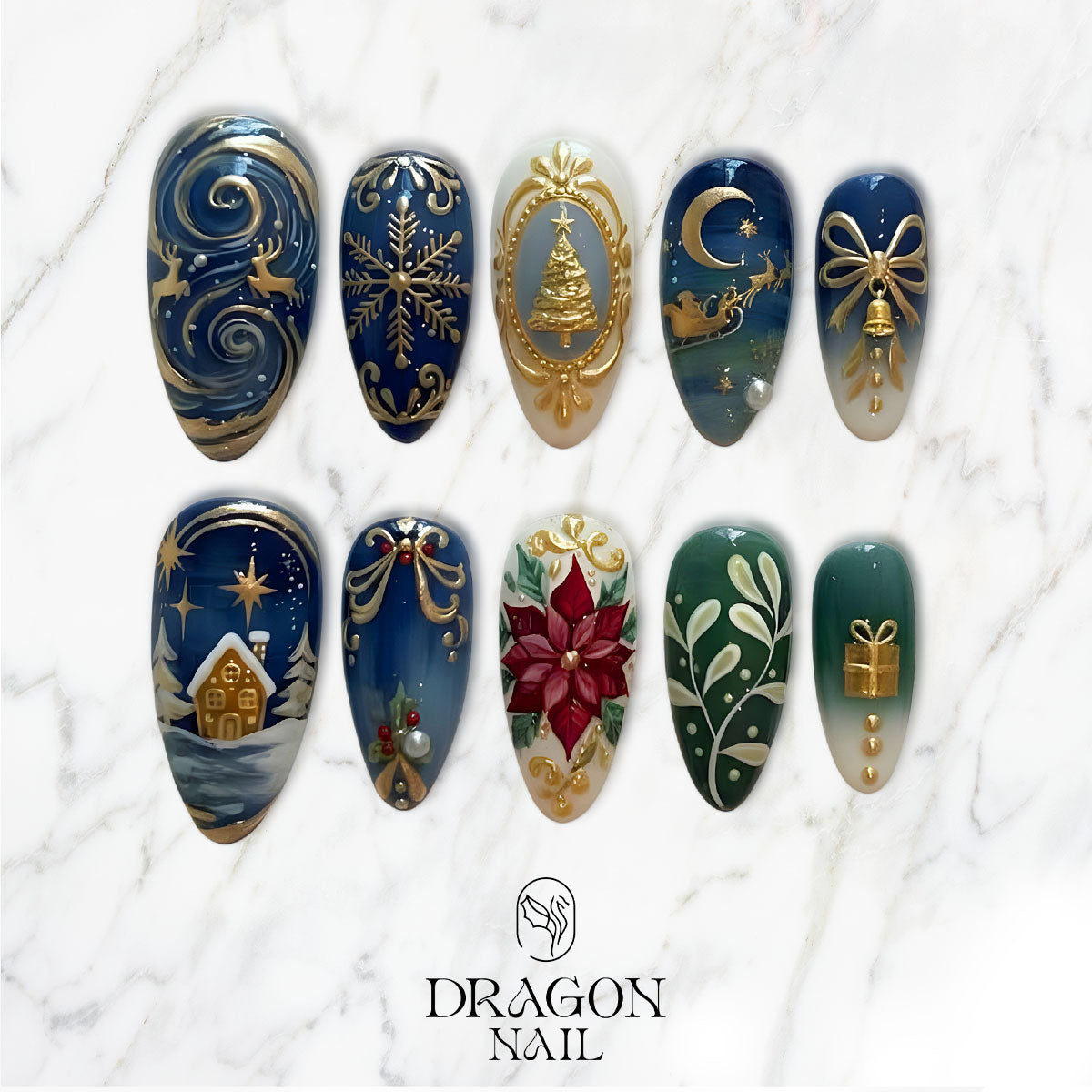 Midnight Blue Christmas Nails, Gold Star &amp; Reindeer Press-On Set, Elegant Winter Design