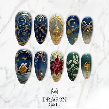 Midnight Blue Christmas Nails, Gold Star &amp; Reindeer Press-On Set, Elegant Winter Design