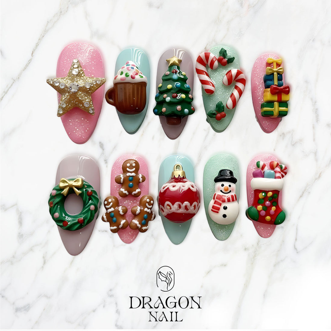 Cute 3D Christmas Nails, Candy Cane &amp; Gingerbread Press-On Set, Sweet Holiday Design