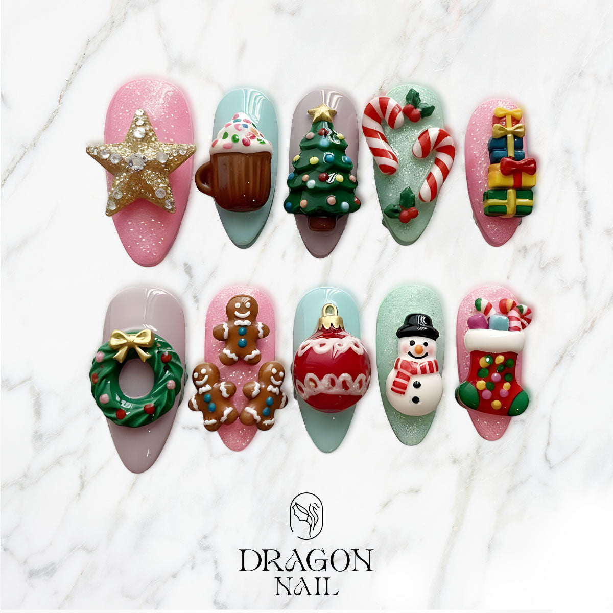 Cute 3D Christmas Nails, Candy Cane &amp; Gingerbread Press-On Set, Sweet Holiday Design