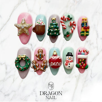 Cute 3D Christmas Nails, Candy Cane &amp; Gingerbread Press-On Set, Sweet Holiday Design