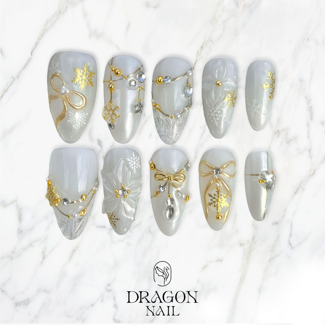 White Winter Nails, Gold Snowflake &amp; Pearl Bow Press-On Set, Elegant Holiday Design