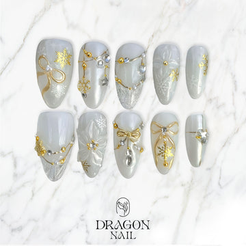 White Winter Nails, Gold Snowflake &amp; Pearl Bow Press-On Set, Elegant Holiday Design