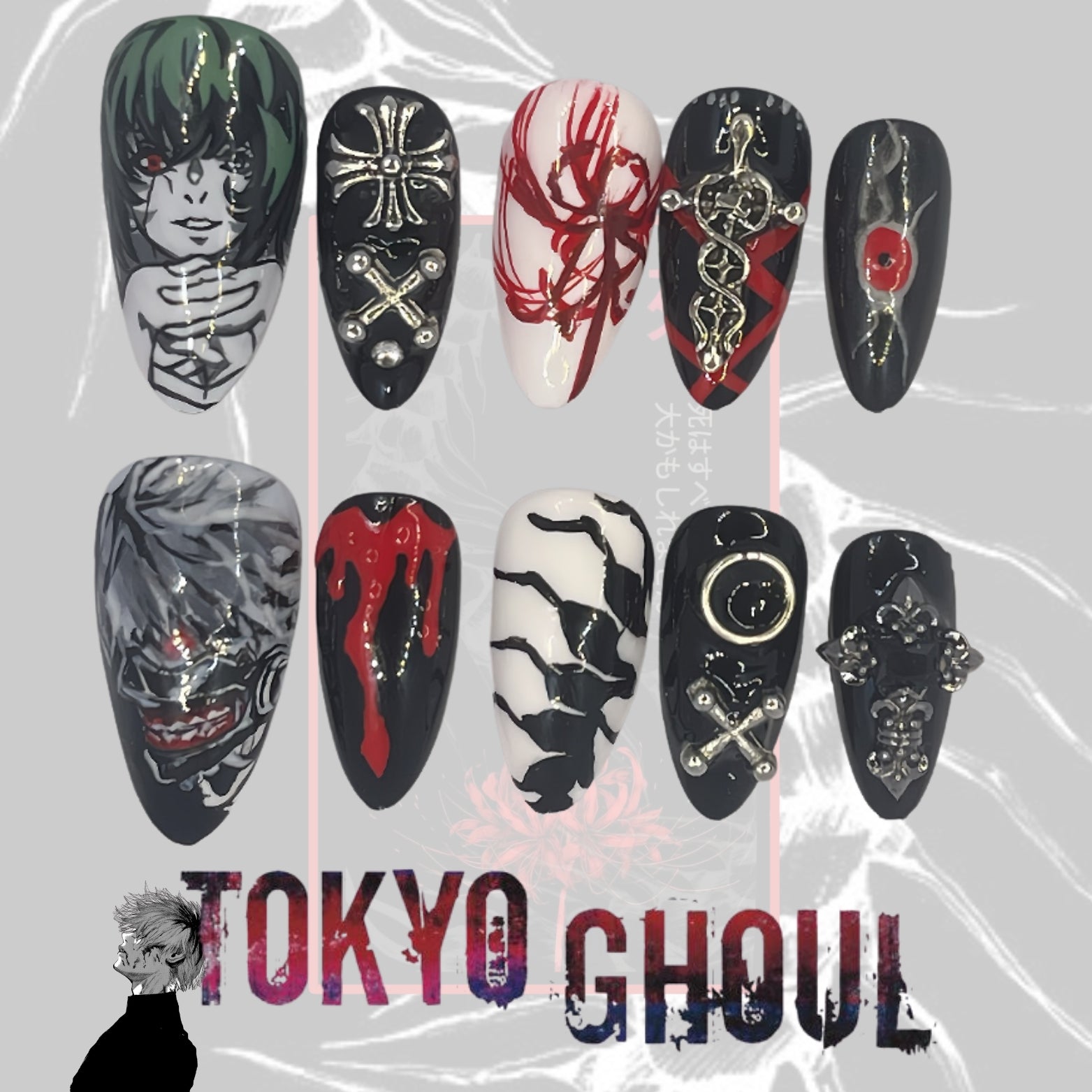 Tokyo Ghoul Nails – Black &amp; White Gothic Press-On Nail Set, Horror Blood Anime Design | Dragonnail