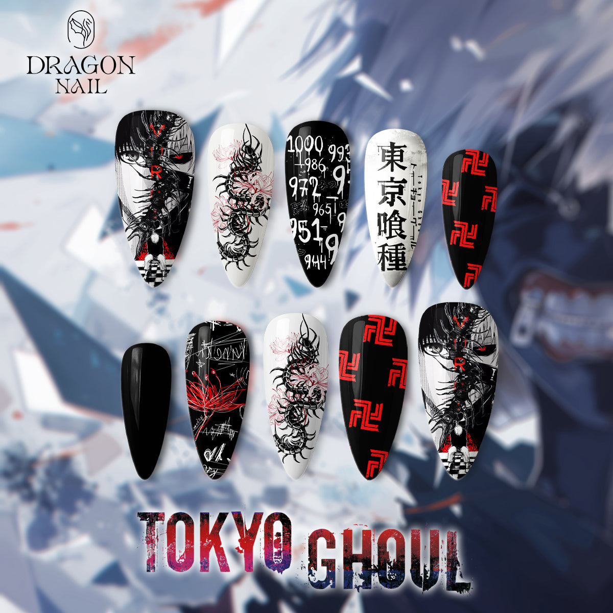 Tokyo Ghoul Nails – Kaneki Ken Black &amp; Red Press-On Nail Set, Dark Horror Anime Design | Dragonnail