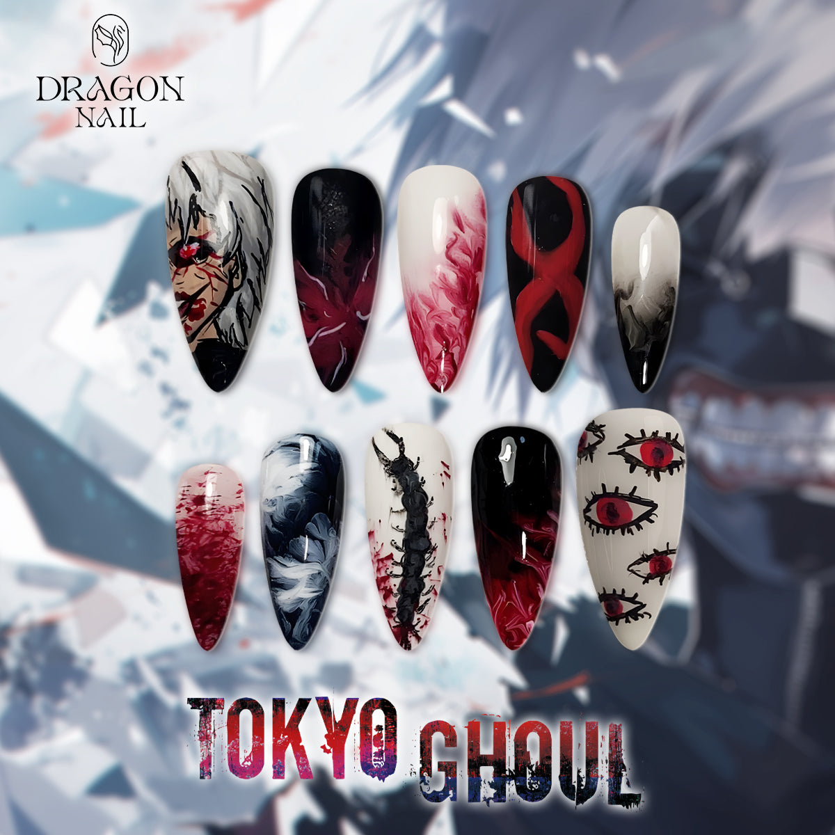 Tokyo Ghoul Nails – Kaneki Ken Red &amp; Black Press-On Nail Set, Horror Gothic Anime Design | Dragonnail