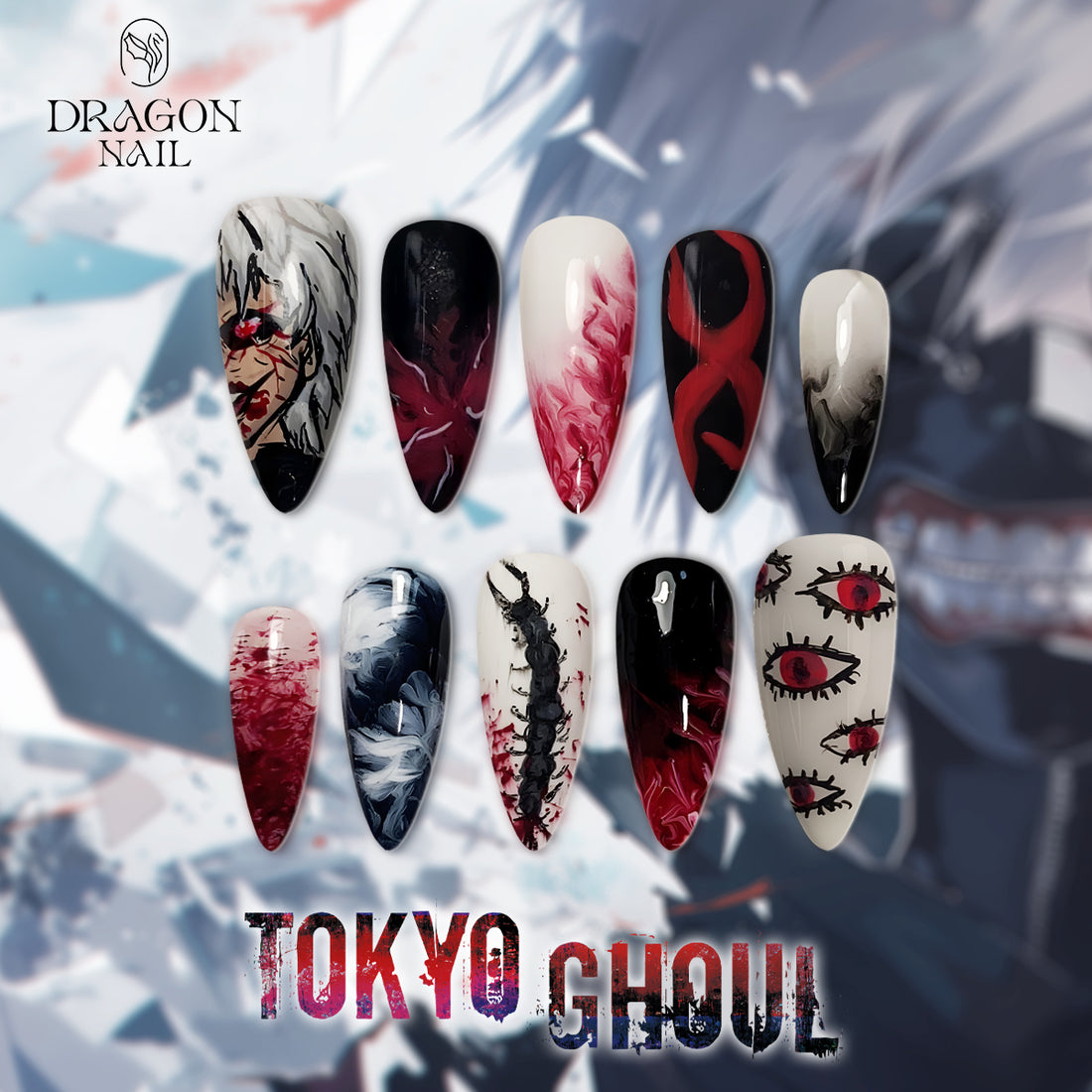 Tokyo Ghoul Nails – Kaneki Ken Red &amp; Black Press-On Nail Set, Horror Gothic Anime Design | Dragonnail