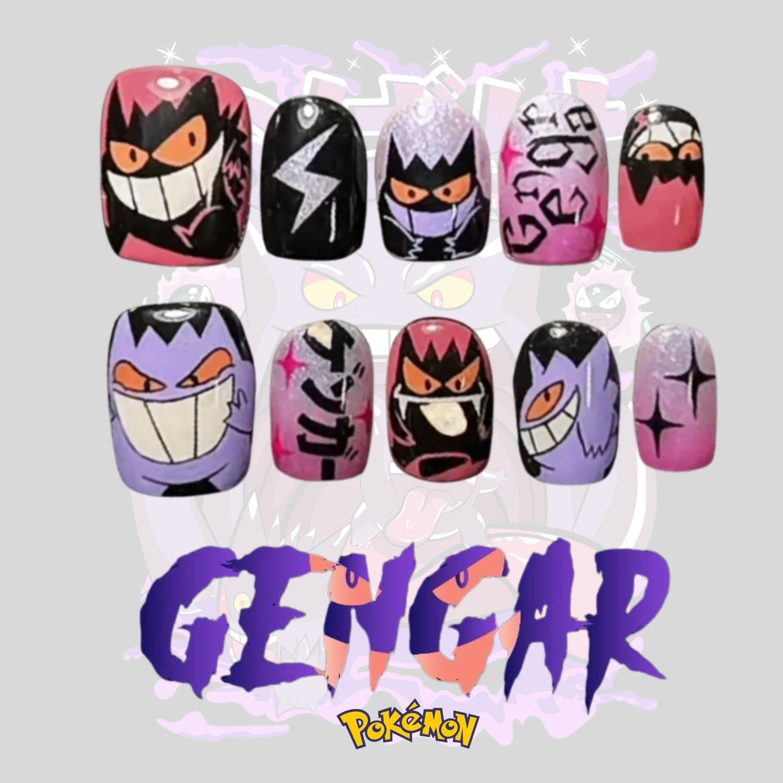 Pokémon Gengar Nails – Purple &amp; Black Press-On Nail Set, Spooky Cute Ghost Anime Design | Dragonnail
