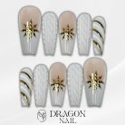 White Cable Knit Winter Press-On Nails, Nude &amp; Gold Snowflake Charm Set with Candy-Cane Swirls — Elegant Reusable Nail Art