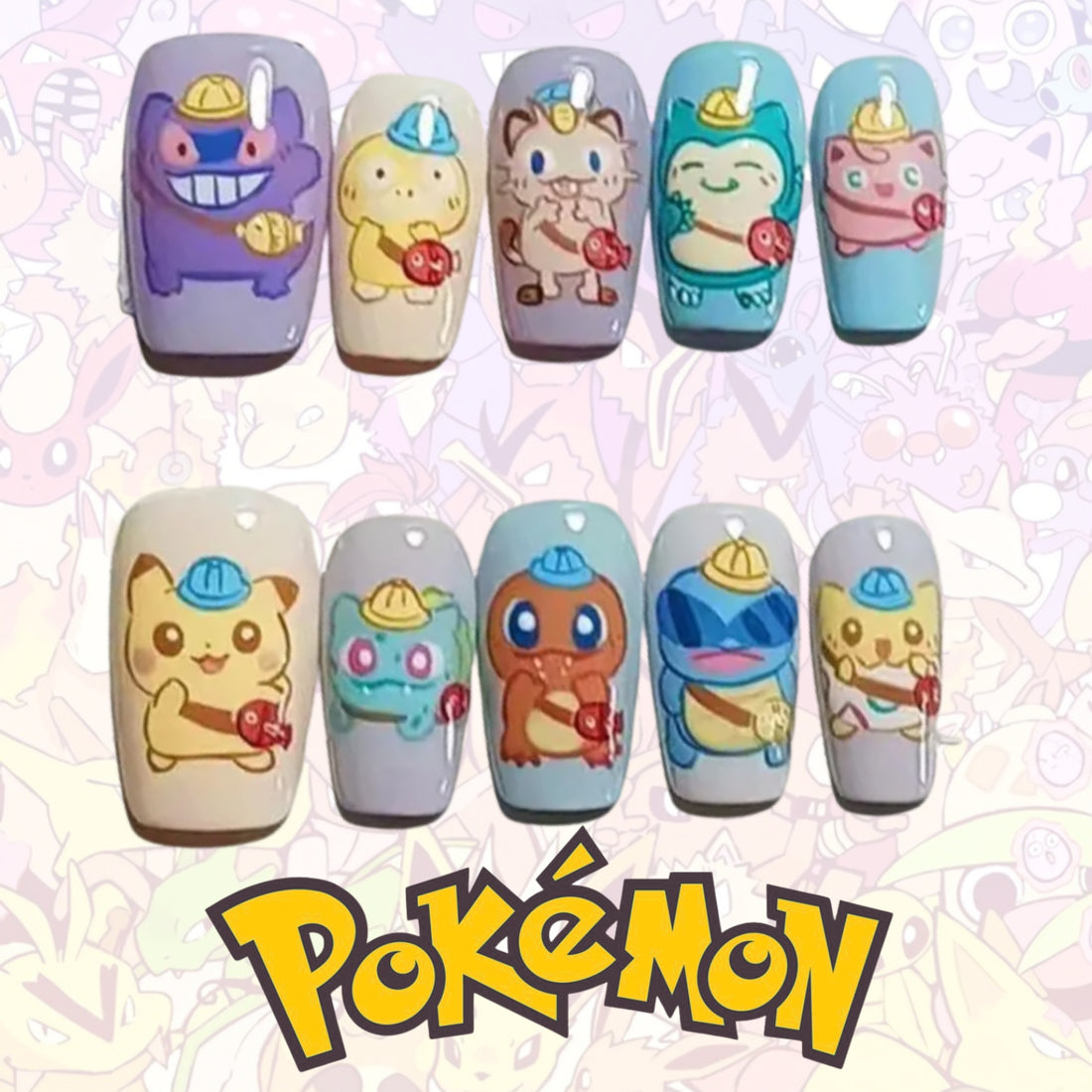 Pokémon Builder Nails – Pikachu, Snorlax &amp; Charmander Press-On Nail Set, Cute Construction Theme | Dragonnail