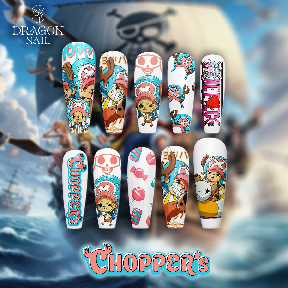 One Piece Chopper Nails – Cute Candy Press-On Nail Set, Adorable Anime Pirate Design | Dragonnail