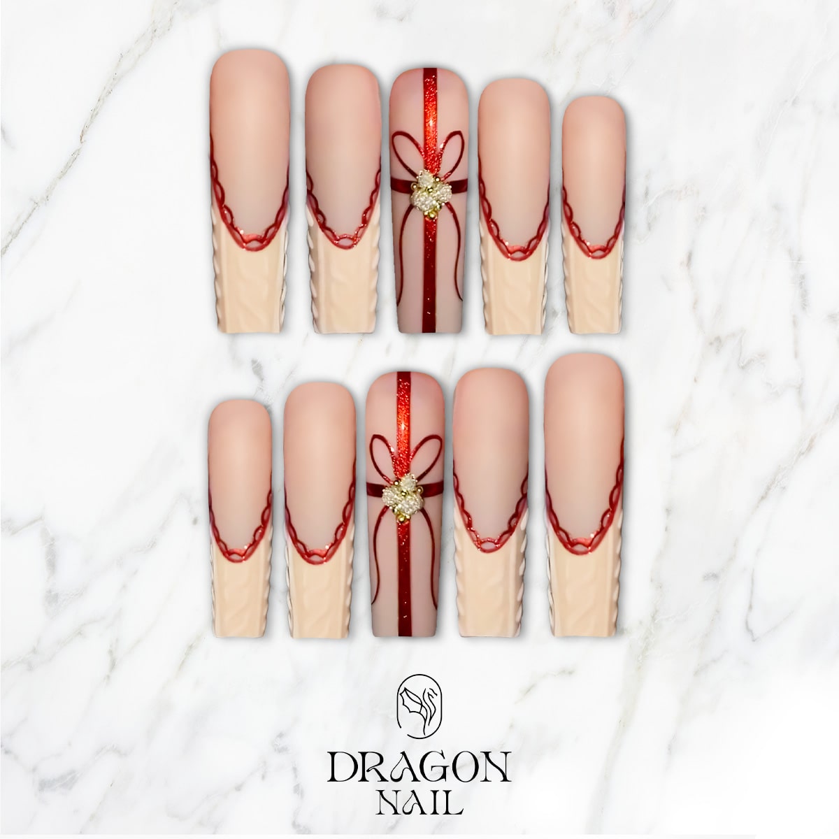 New Trending Nude Red Christmas Press-On Nails – Gift Ribbon &amp; Knit Texture Design